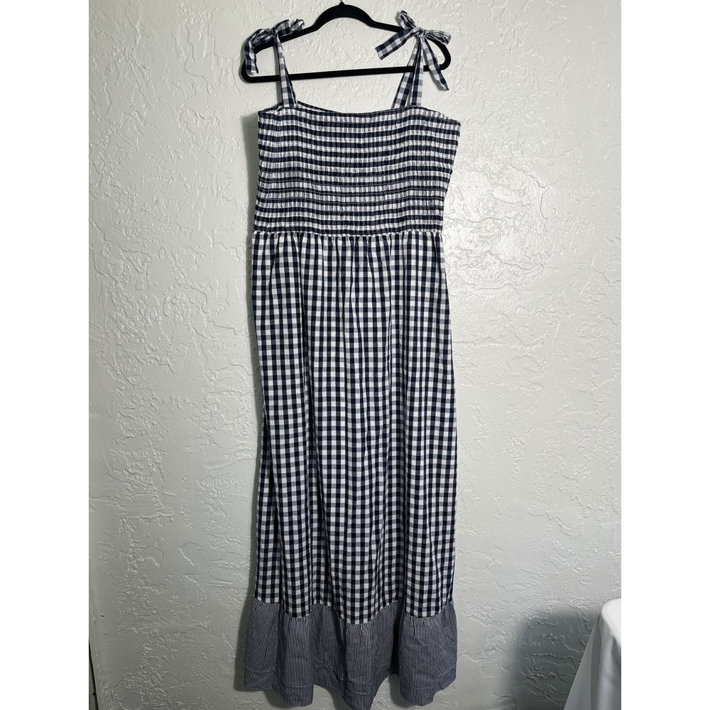 Amalli Talli Women's XL Navy White Gingham Smocked Tie Strap Maxi Dress